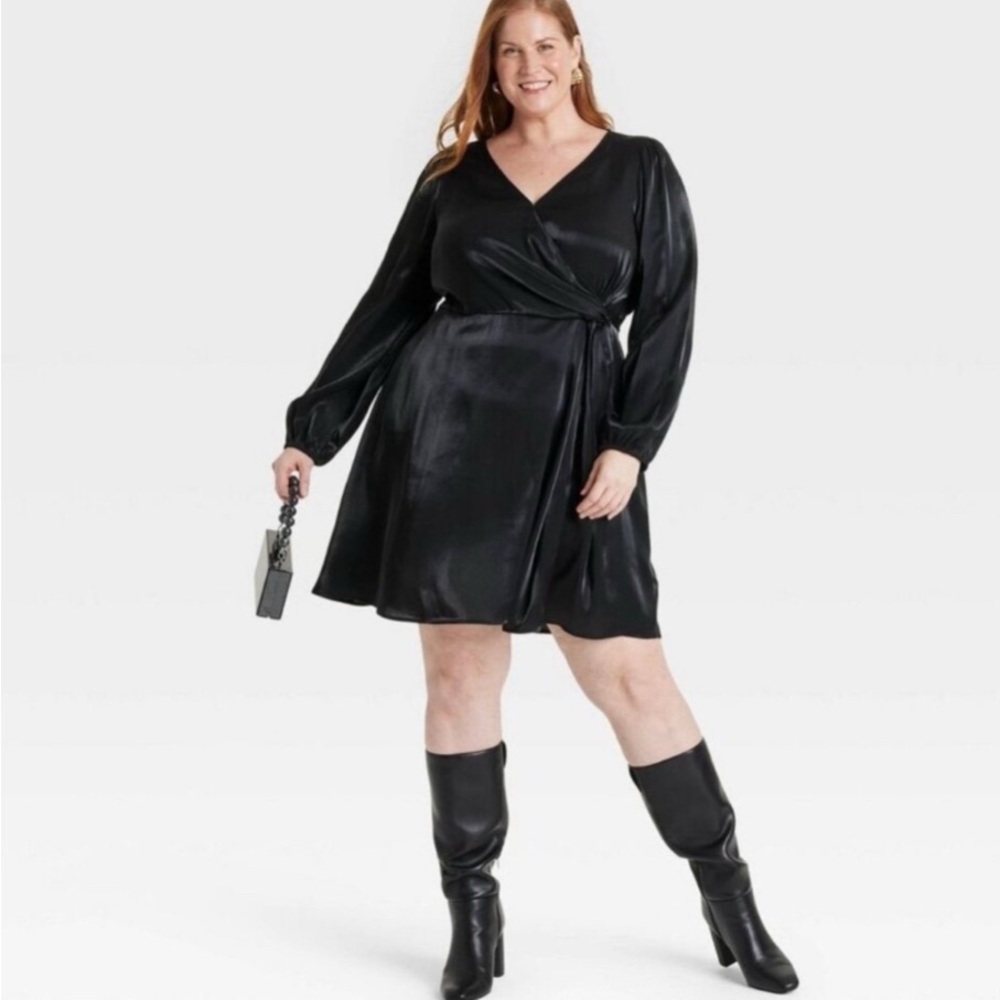 Plus size Ava & Viv Elegant Satin Black Wrap Dress size 2X. New with tags.